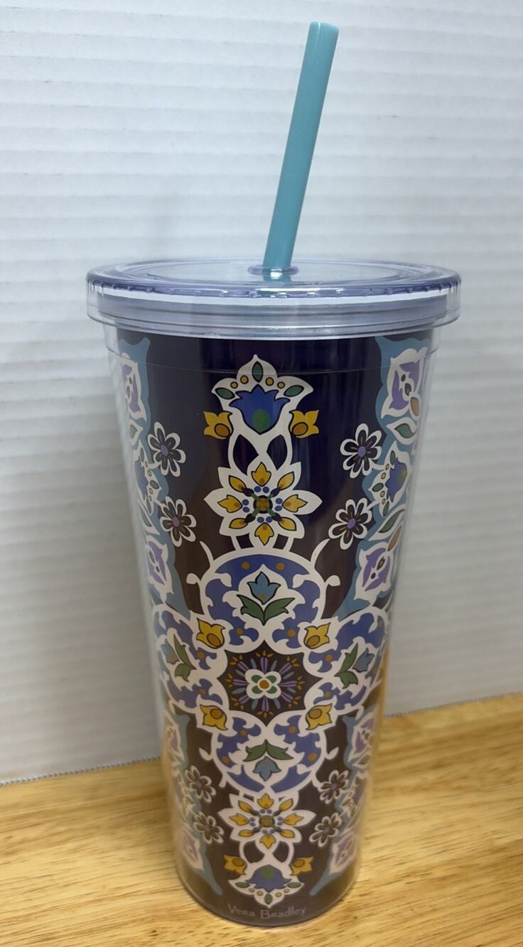 Vera Bradley Lisbon Medallion Patterned - 24 oz Travel Tumbler Cup w/ Blue Straw